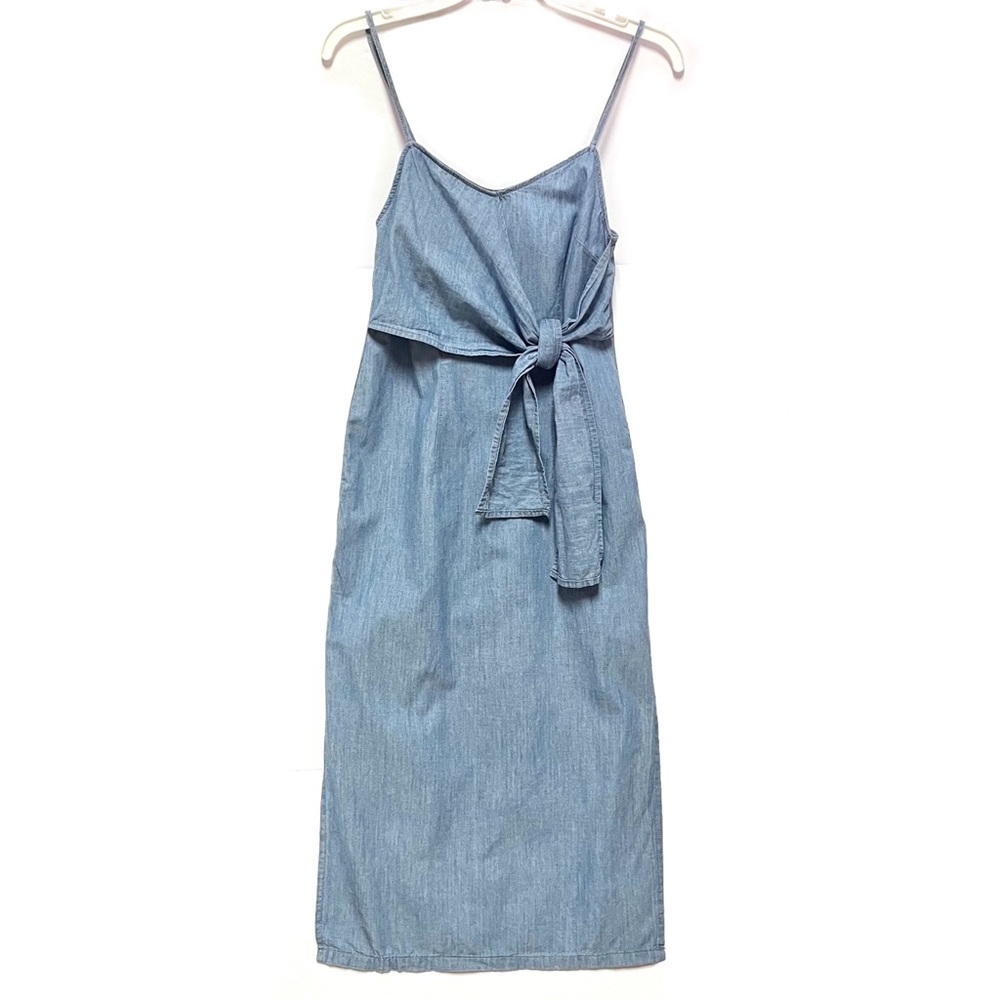 Topshop Chambray Midi Spaghetti Strap High Leg Slit Dress Front Knot Size 2 - Picture 3 of 9